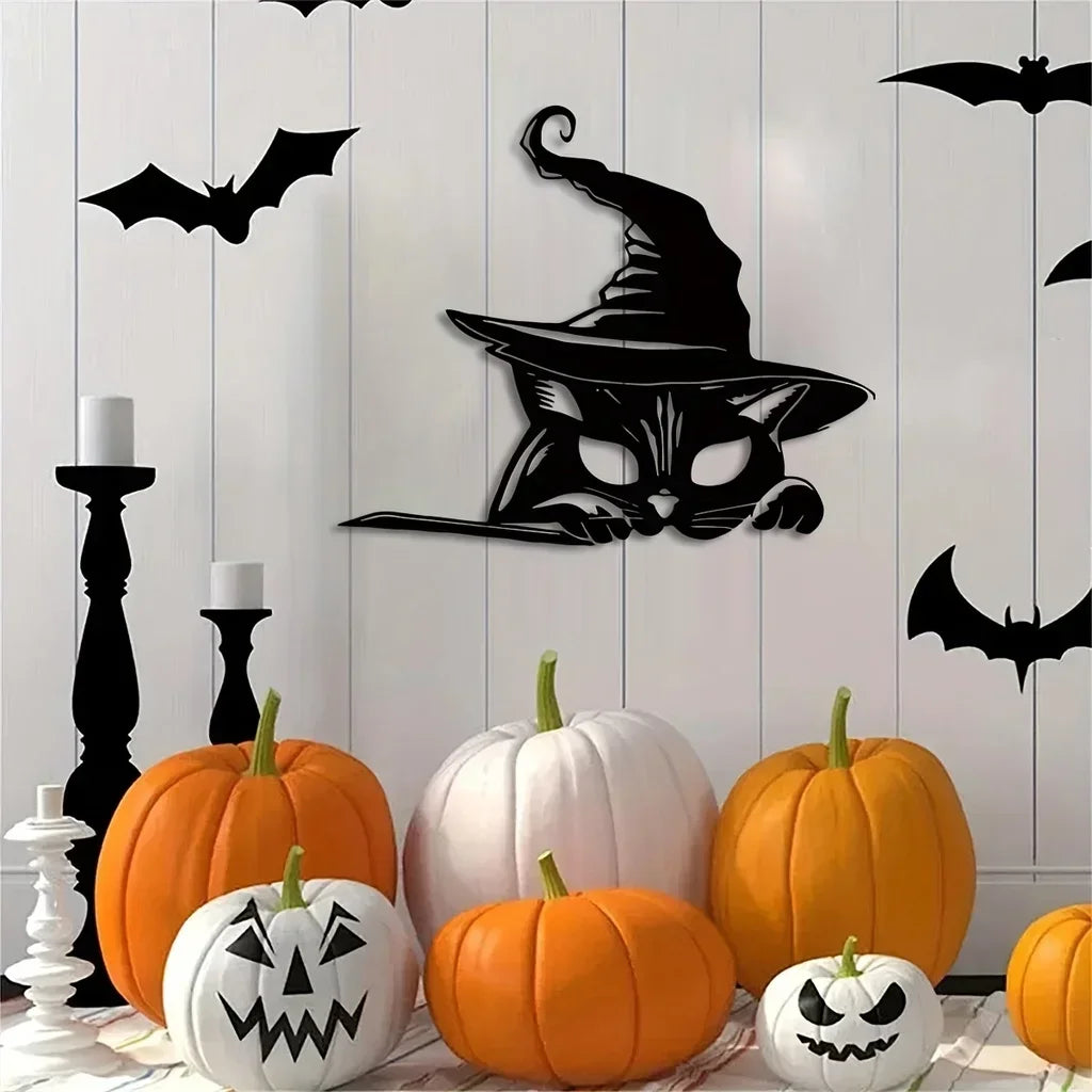 metal iron  Black Cat Halloween Home Decor, Metal Cat Silhouette Yard Signs Garden Patio Party Decorations Wall Hanging Decor Ba