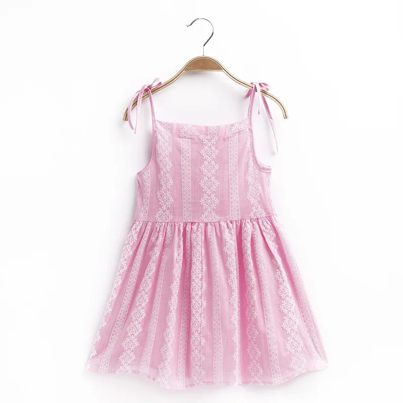Girls Strappy Pink Sleeveless Printed Dress Cotton And Linen Casual Dress