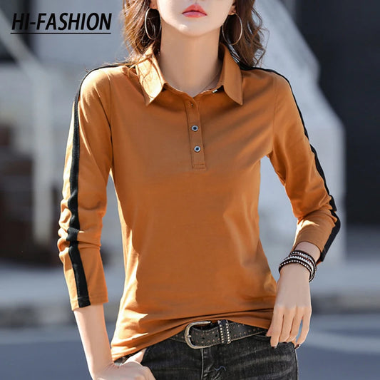 HI-FASHION Women Cotton Shirt Korean Casual Office Female Blouse Tops Spring Lapel  temperament Long Sleeve Slim woman tshirt