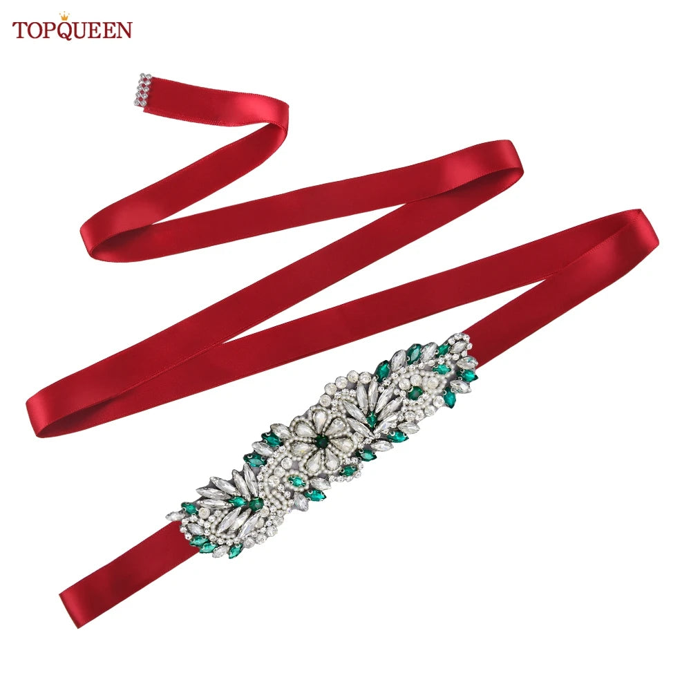 TOPQUEEN S22 Bride Rhinestone Belt Shiny Wedding Accessories Party Woman Emerald Belts Jewelry Wedding Dress Decoration Sash