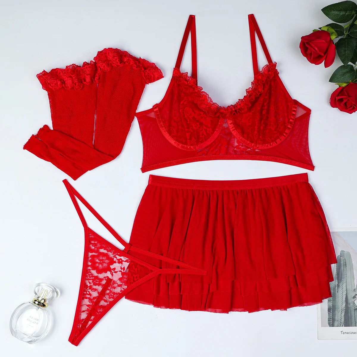 Sensual Lingerie Women Fancy Push Up Bra Underwear with Stocking Transparent Skirt Intimate Exotic Sets Fairy Luxury Lace Goods