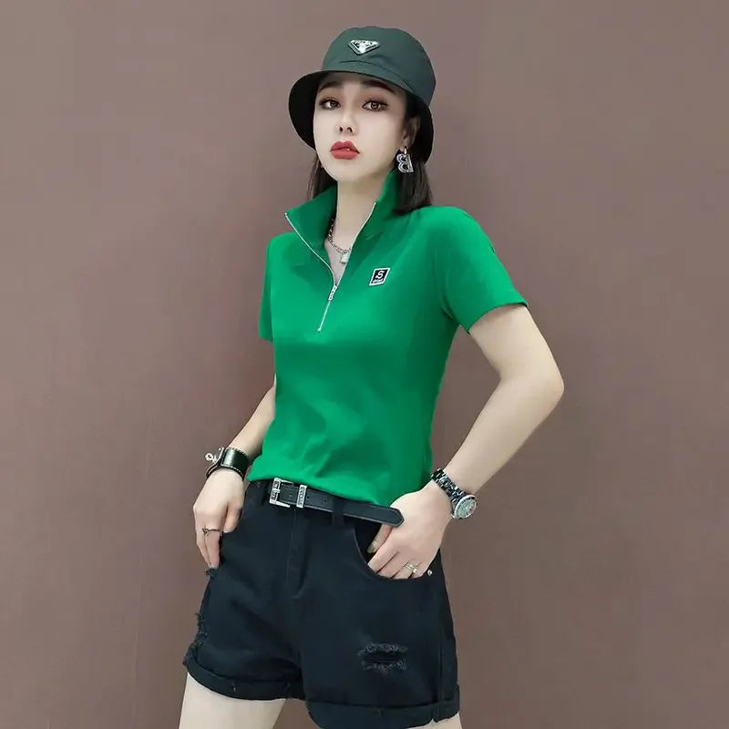 T-shirt Woman Short Sleeve Tee Clothing Green Polo Neck Shirts for Women Tops White Korean Style Polyester Luxury High Quality V clothes