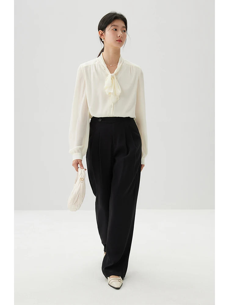 ZIQIAO Petite French Commuter Lace up Long sleeved Chiffon Shirt For Women's 2024 Spring New Draping Style Women Top  clothes clothes