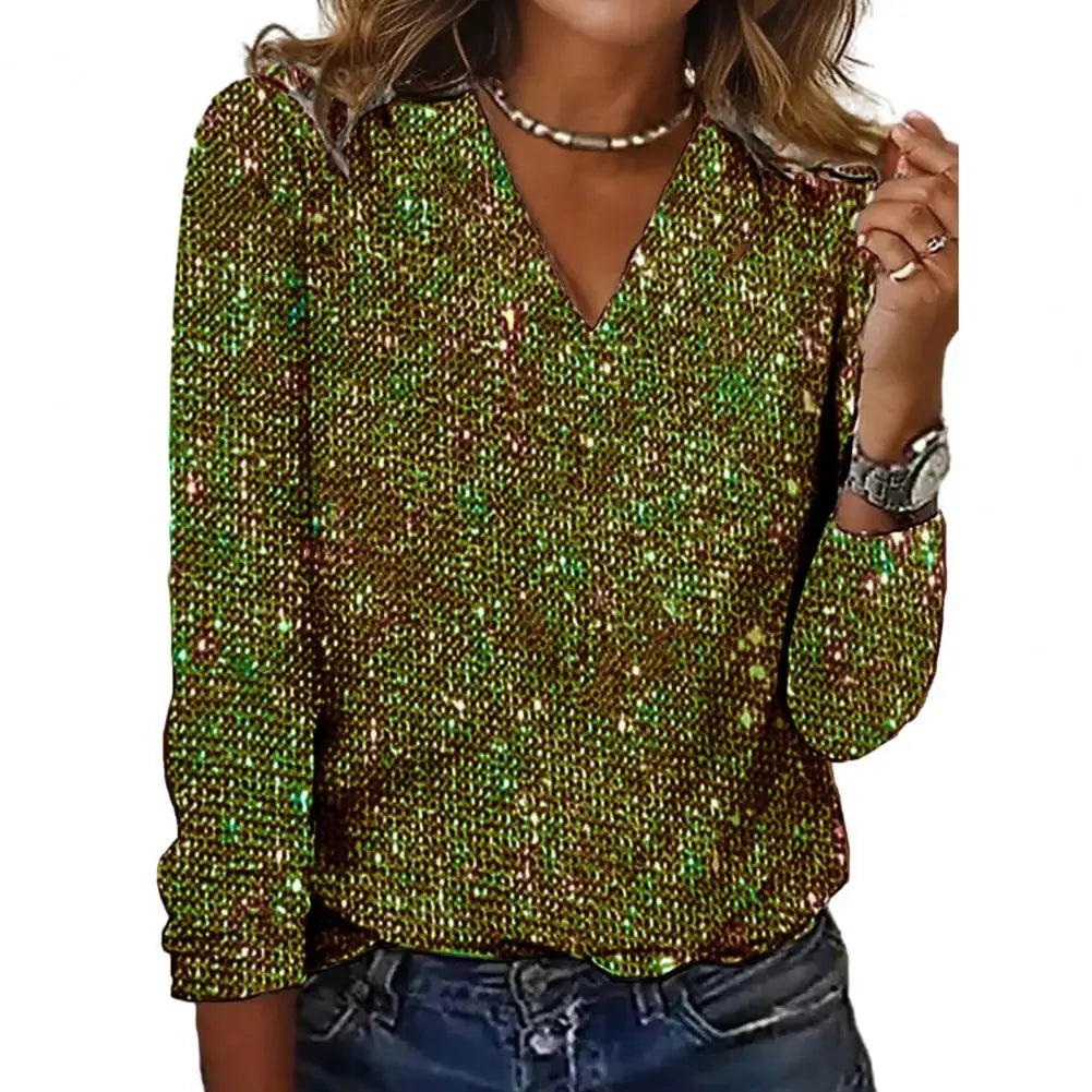 Elegant Women Blouse Sequin V Neck Long Sleeve Blouse Soft Pullover for Women Breathable Commute Club Party Shirt Comfortable