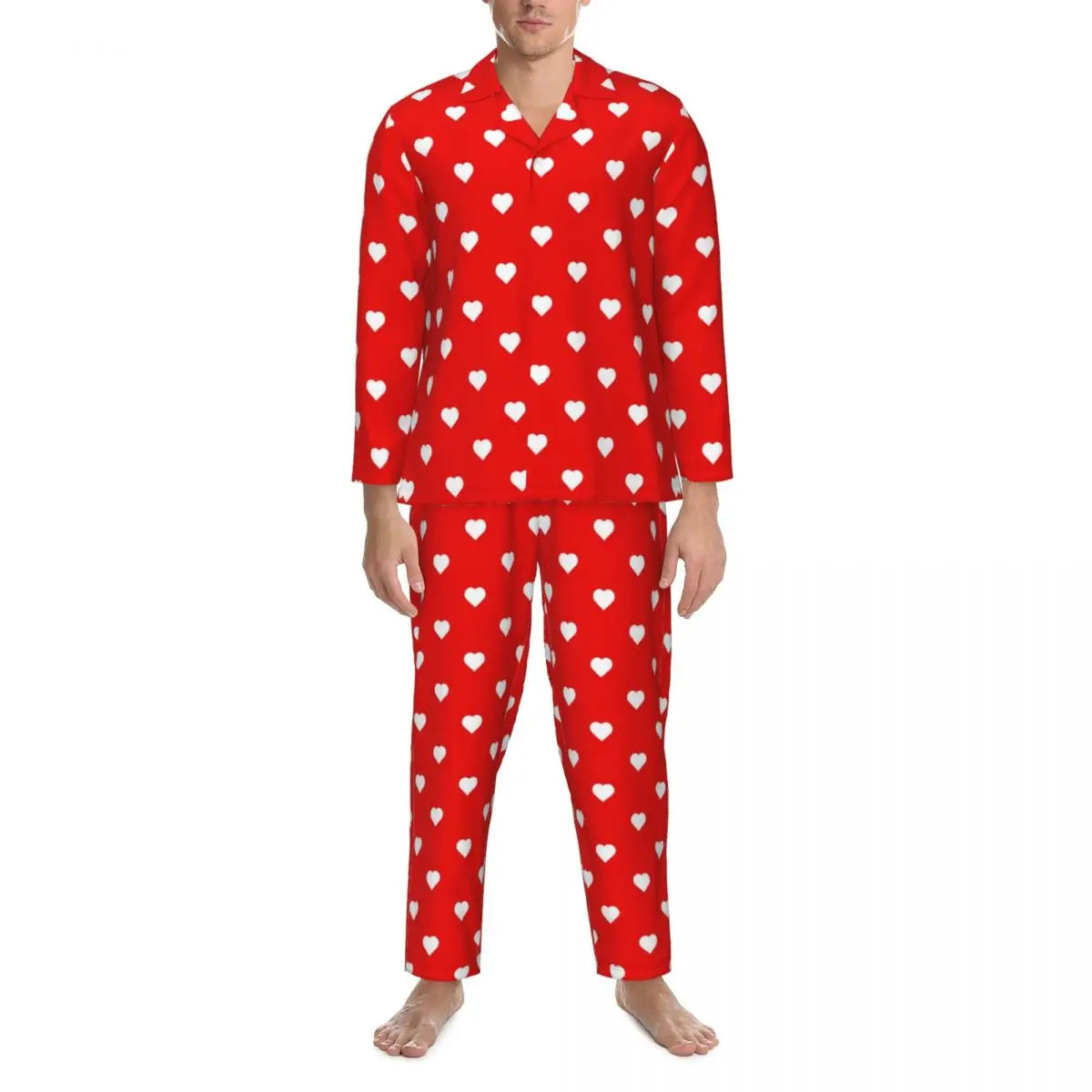 Valentine Hearts Pajama Sets Black and Red Cute Sleepwear Men Long Sleeve Retro Daily Two Piece Nightwear Plus Size