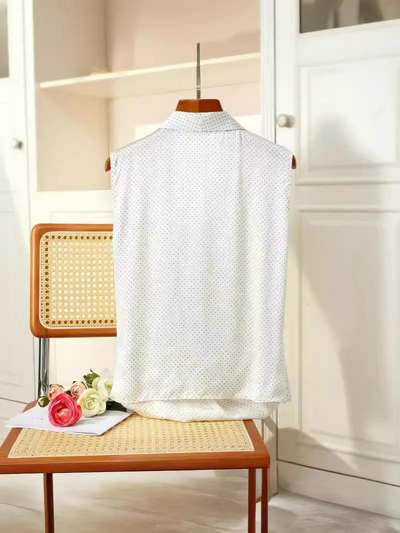 BirdTree, 100%Real Silk OL Elegant Shirt, Women V Neck Sleeveless Polka Dots, Loose Fashion Blouse