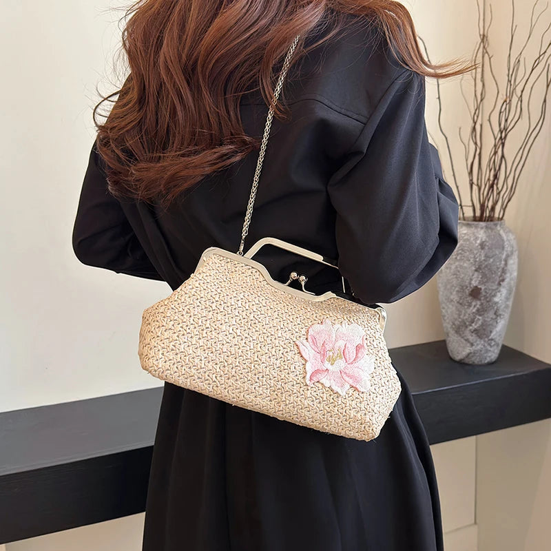 Straw weaving women purse,fashion Embroidered flower handbag for women,lady Beach holiday shoulder crossbody bag,messenger bag