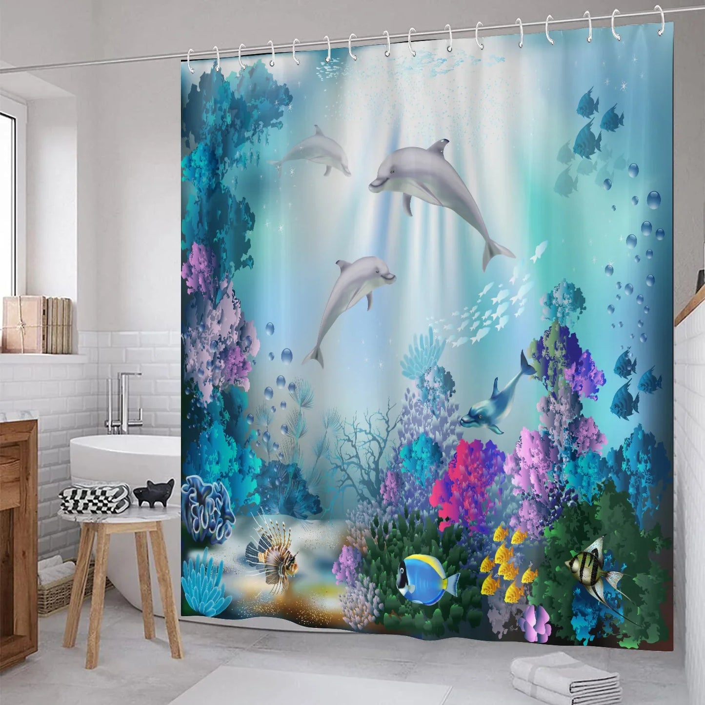3D Ocean Design Dolphin Waterproof Fabric Bathroom Curtain Blue Shower Curtains Set Anti-skid Rugs Toilet Lid Cover Bath Mat