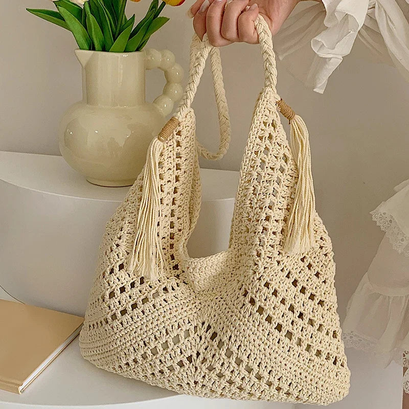 Women Crochet Tote Bag Fashion Knitted Bag Large Capacity Hollow Out Bag Solid Color Tassels Woven Shoulder Beach Tote 2024