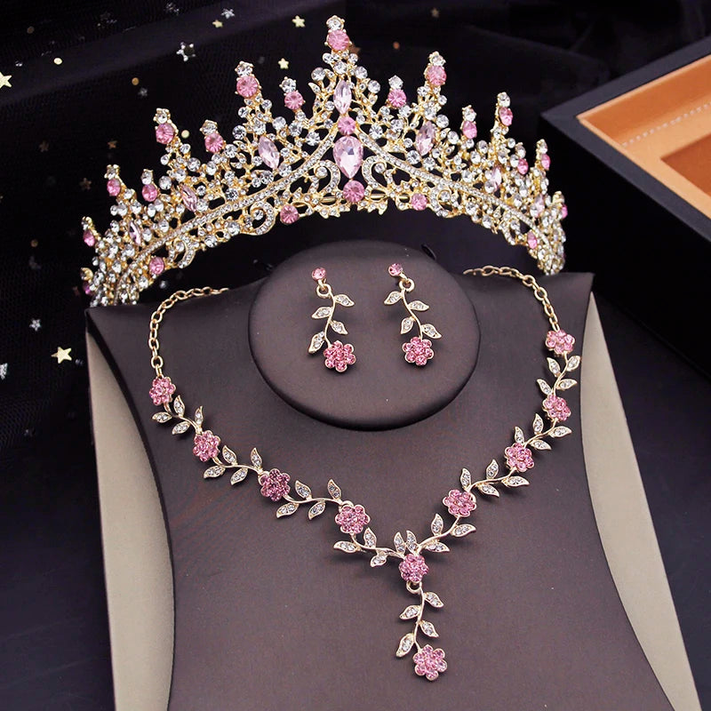 3 pcs Pink Bridal Jewelry Sets for Women Crown Flower Choker Necklace Earring Wedding Tiara Bride Costume Accessories