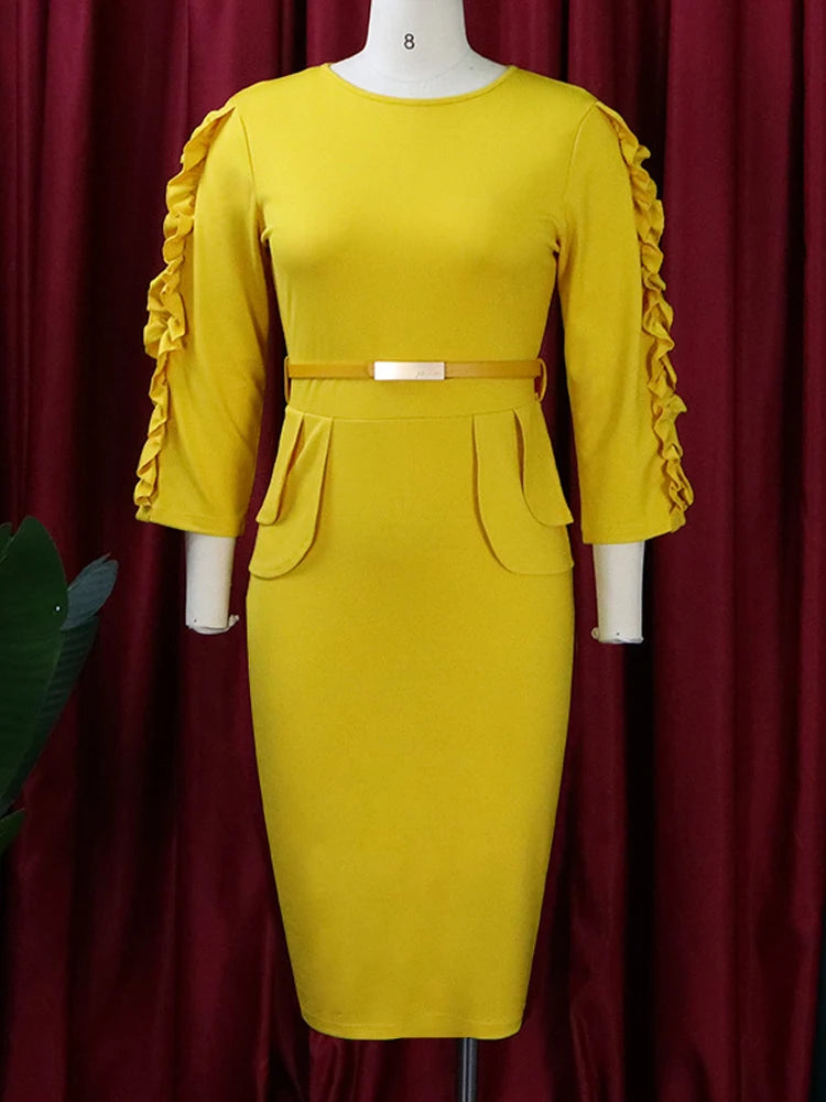 FairyShely 2025 Solid Ruffle Long Sleeve Plus Size Dress Women O Neck Large Big Dresses Lady Autumn Belt Party Tight Curvy Dress