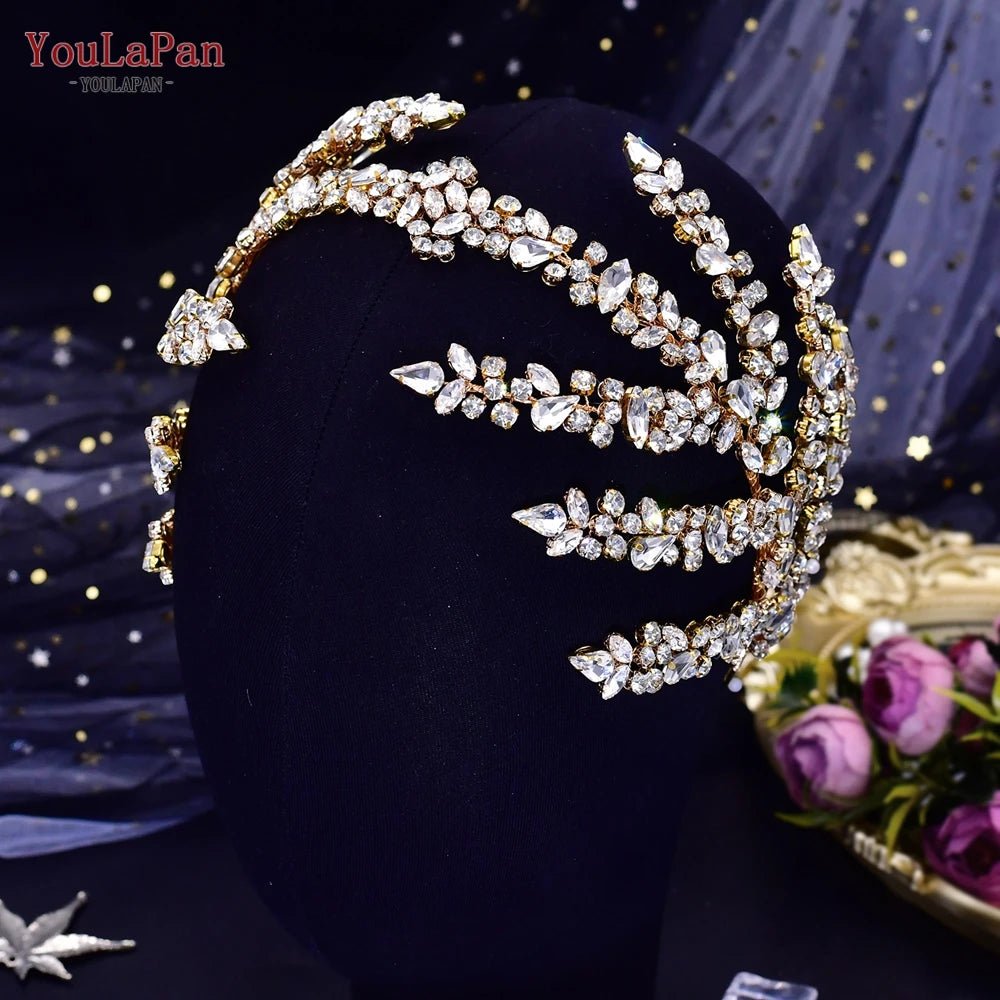 YouLaPan Crystal Bridal Headpiece Alloy Leaf Headband for Brides Wedding Hair Accessories Princess Tiara Pageant Headdress HP272