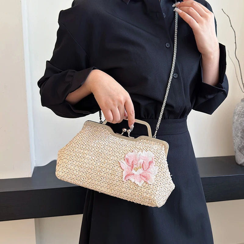 Straw weaving women purse,fashion Embroidered flower handbag for women,lady Beach holiday shoulder crossbody bag,messenger bag