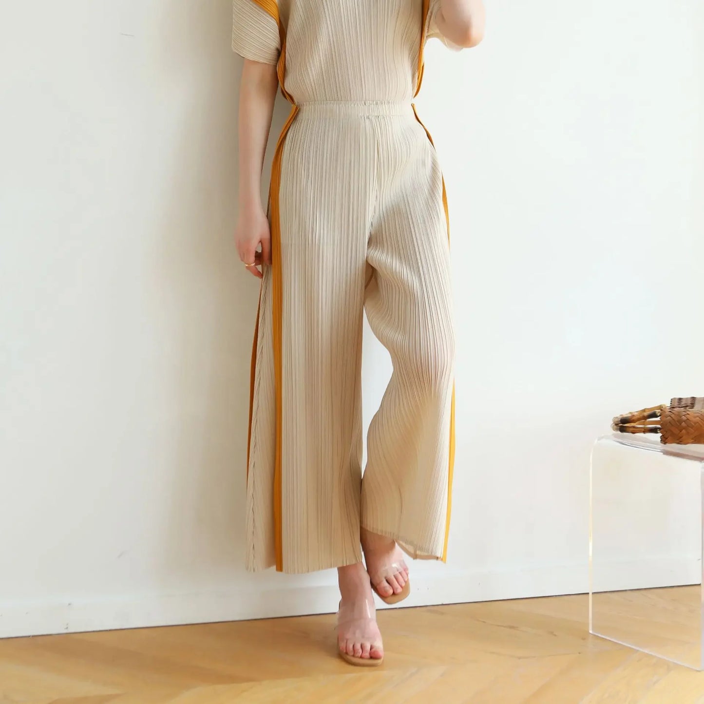 MIA XU Pleats Pants Sets 2025 Summer Miyake High-end Pleats Color Blocking False Two Pieces Fashion Casual T-shirt Pants Set