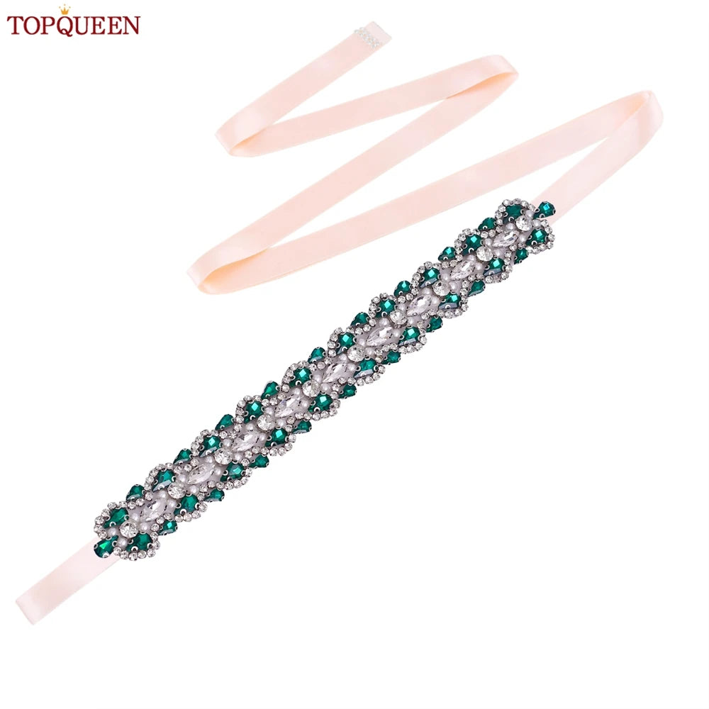 TOPQUEEN Luxury New Bridal Belt Wedding Supplies Dinner Dress Waist Decoration Green Bridesmaid Sash Accessories S466-D