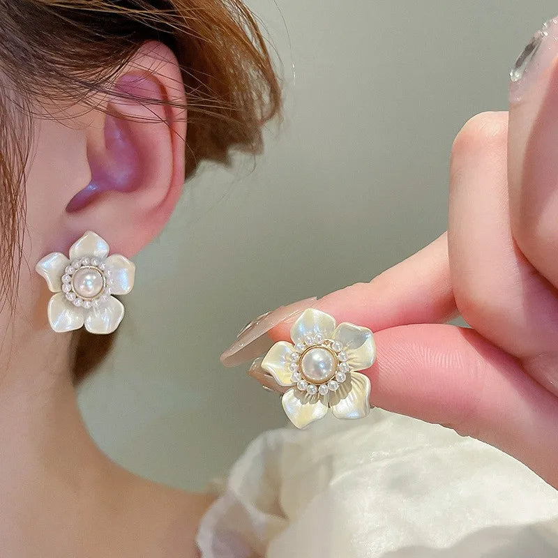 925 Silver Needle Korean Vintage Oil Painting Pearl Flower Earrings For Women Jewelry 2024 Trending New Luxury Women's Earrings