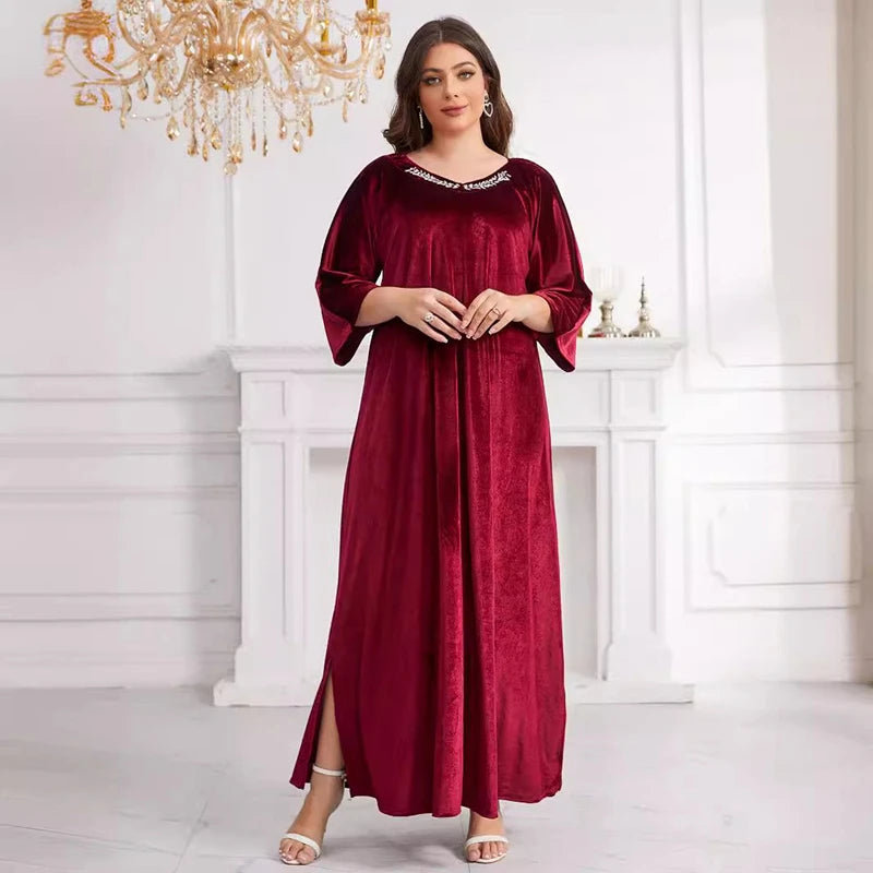 Vintage Loose Muslim Robe Fashion Casual Solid Velvet Red Long Dresses African Women Party Club Maxi Dress Islamic Clothing