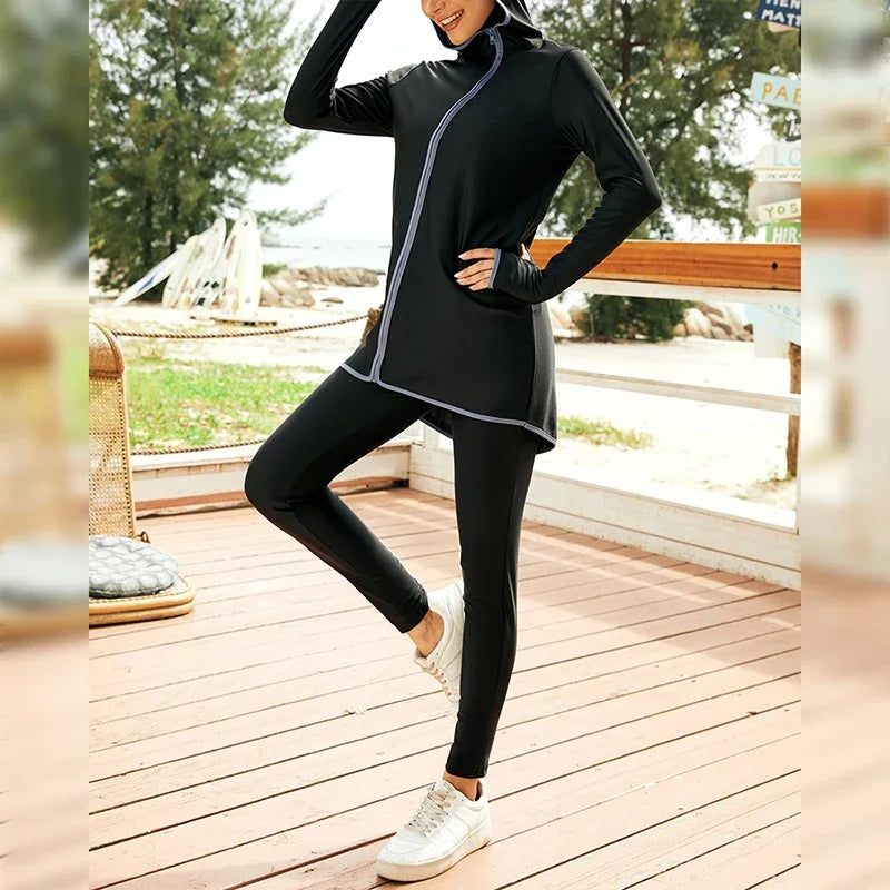 2 Piece Burkini Muslim Swimwear Black Full Cover Sets Modest Bathing Swimsuit Arab Islamic Beach Wear Plain Woman Summer Outfits
