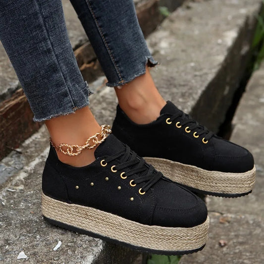 Women Casual Lace Up Shoes Round Toe Large Size Casual Footwear Women's Thick Soles Vulcanized Shoes  Canvas Sneakers