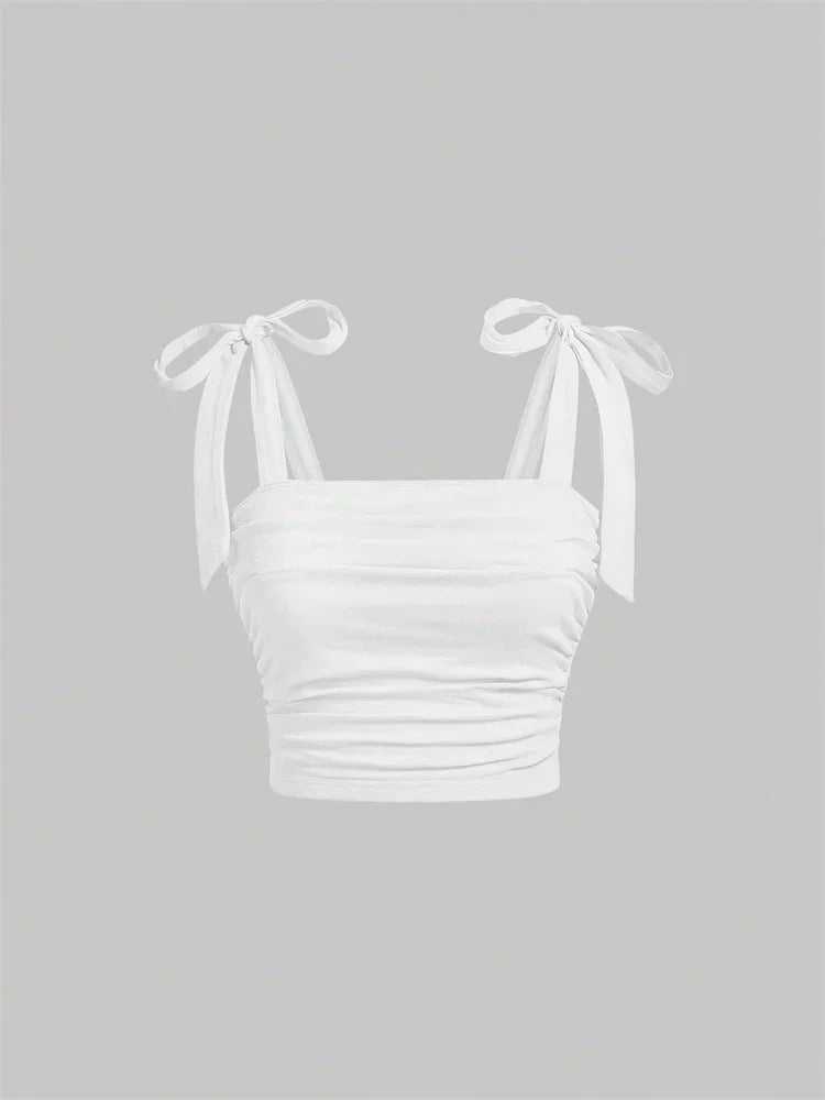 Solid Tie Shoulder Ruched Wide Strap Slim Fit Crop Top for Women clothes Summer 2025 Y2K Clothes Pink Backless Cami Top Streetwear