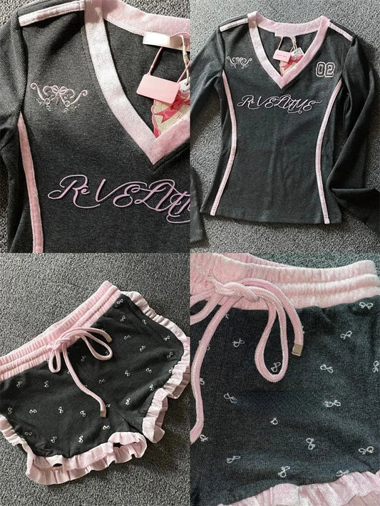 Vintage Suits Women Casual Y2k Long Sleeve T-shirts + Short Pants 2 Piece Sets Outwear Retro Chic