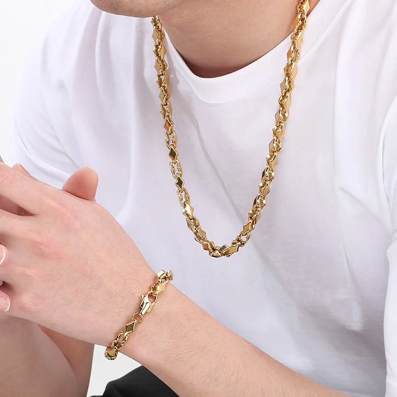 KALEN Vintage Rhombic Chain Bracelet Necklace for Men Women Punk Stainless Steel Jewelry Set Hollowing Chain Accessories Gift