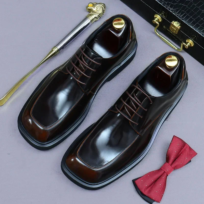 Patent Cow Leather Mens Dress Shoes Luxury Handmade Quality Genuine Leather Square Toe Elegant Wedding Social Derby Shoes Male
