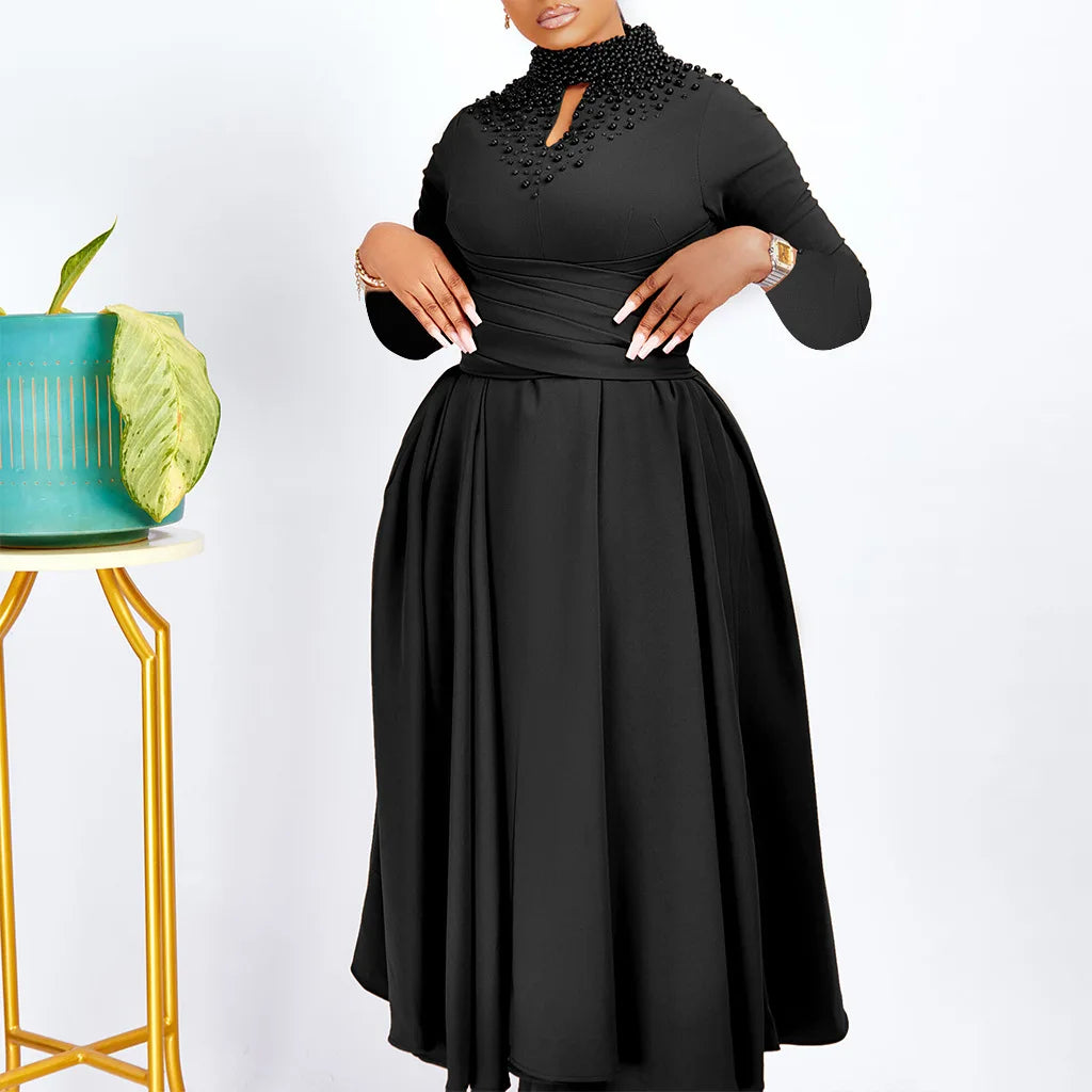 FairyShely 2025 Solid Long Sleeve Plus Size Long Dress Women Hollow Large Big Dresses Lady Cross Push Up Party Tight Curvy Dress