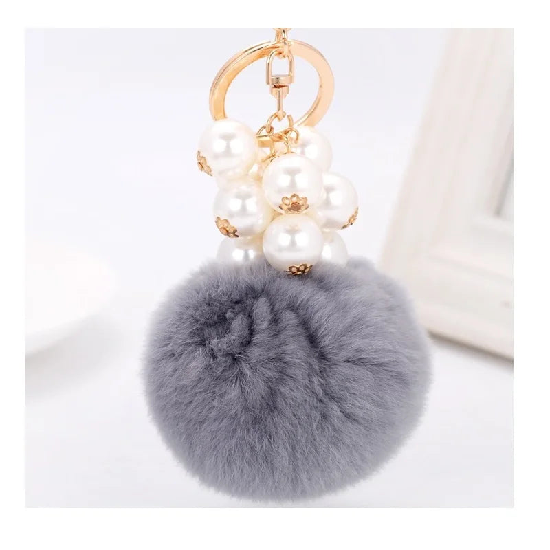 Car Women handBag Key Chain Fashion Pearl Chain Crystal Bottle Bow Pompom Keychain Fluffy Puff Ball Keychains Jewelry