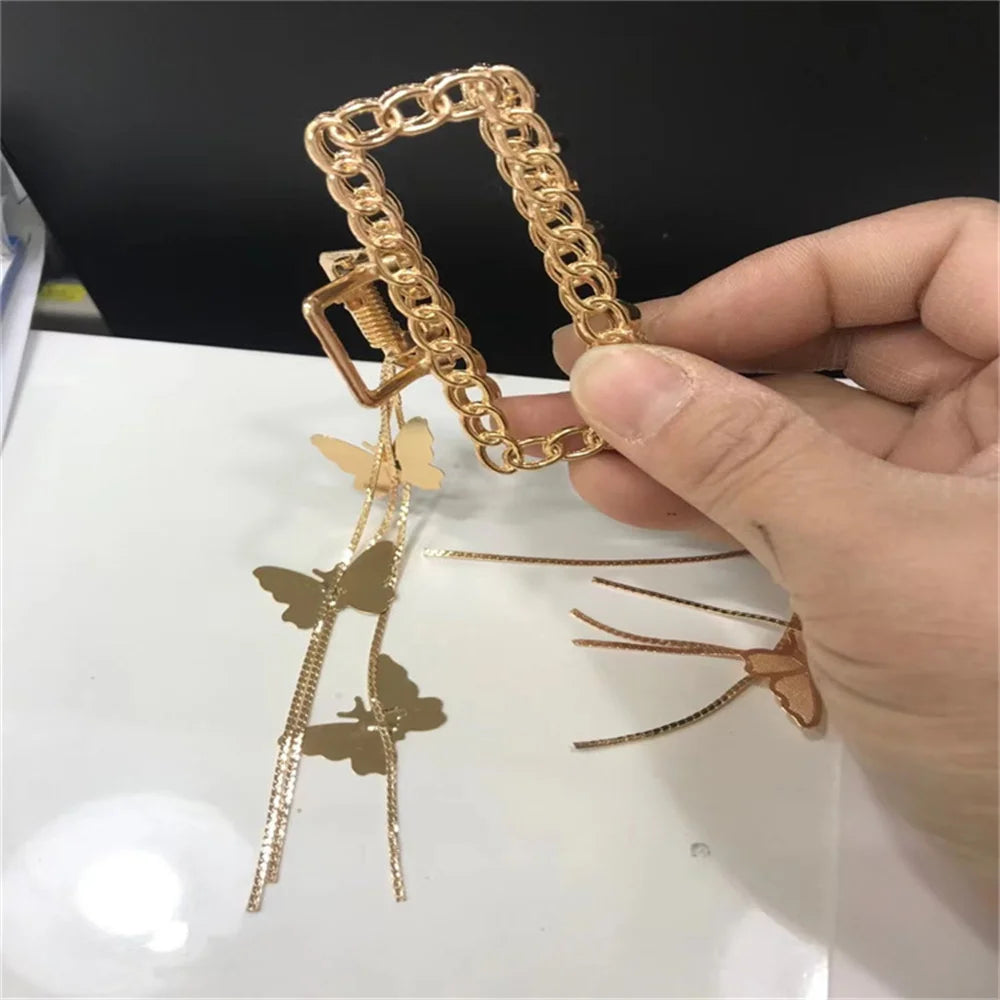 Temperament Hollow Butterfly Hair Claws Nonslip Elegent Golden Clips With Butterfly Tassel Hairband  Hair Accessories