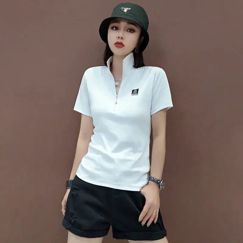 T-shirt Woman Short Sleeve Tee Clothing Green Polo Neck Shirts for Women Tops White Korean Style Polyester Luxury High Quality V clothes