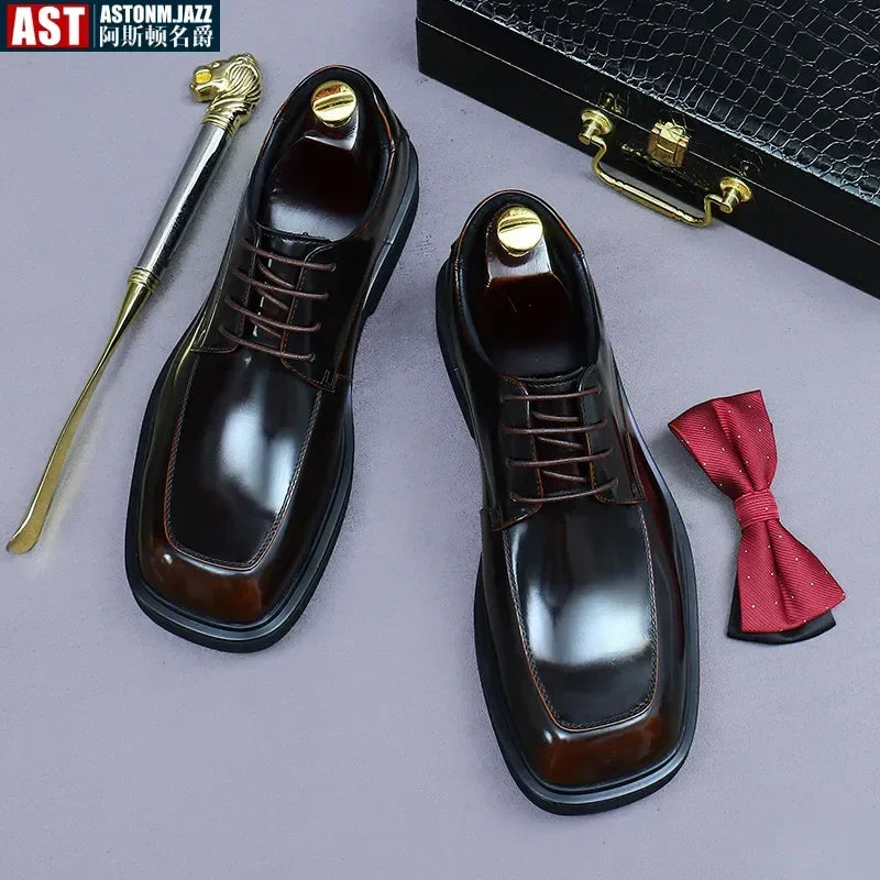 Patent Cow Leather Mens Dress Shoes Luxury Handmade Quality Genuine Leather Square Toe Elegant Wedding Social Derby Shoes Male
