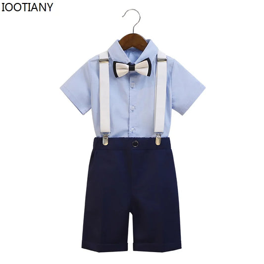Kids Formal Strap Shirt Shorts Bowtie Clothing Set Boys Summer Wedding Birthday Dress Children Piano Performance Dance Costume !!!