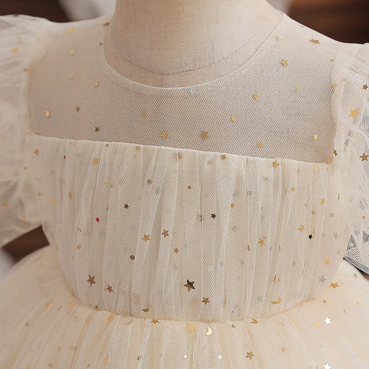 Kleinkind Mädchen Party Prinzessin Kleid Baby Champagner 1st Geburtstag Outfits Kinder Sommer Puff Ärmel Pailletten Tutu Kleid Mädchen Gala Kleidung 