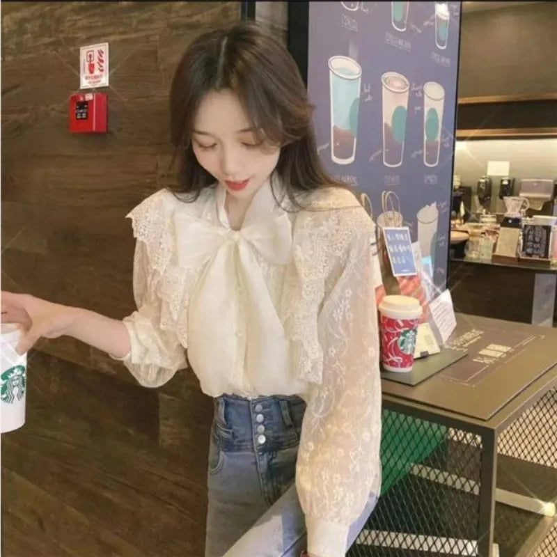 Blouses Women Scarf Collar Long Sleeve Elegant Chiffon Tops Bow Lace Fairy