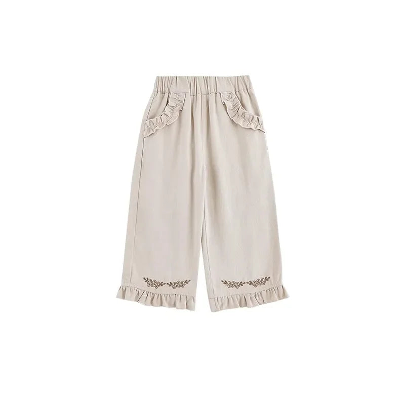 Girls' Two-color Embroidered Straight Leg Pants Autumn Playful Cute Lace  Pockets Casual Pants Trendy