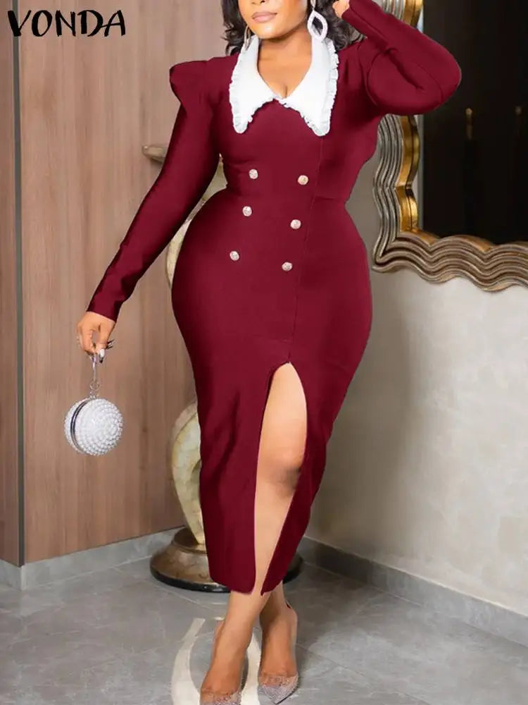 Plus Size 2024 VONDA Women Party Maxi Dress Fashion Solid Robe Long Sleeve Turn Casual Down Collar Sundress Elegant Vestidos