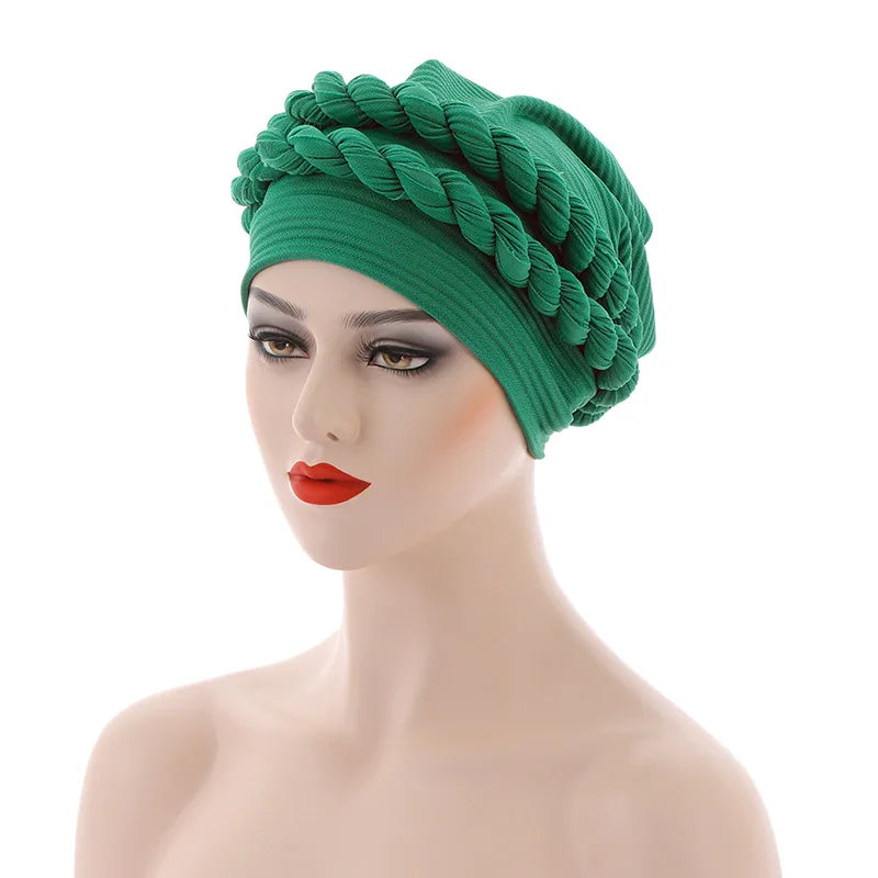 قبعة عمامة مزدوجة الضفائر بلون سادة للنساء، غطاء رأس إسلامي مموج، قبعة مضفرة، غطاء رأس إسلامي للنساء، بونيه، عمامة نسائية 