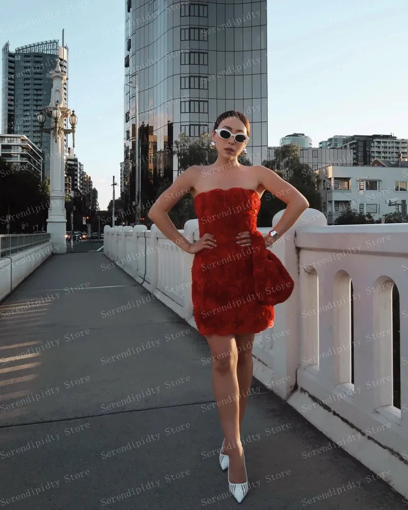 Strapless Red Mini Length Flowers Dress Straight Bodycon Party Dresses Custom Made 2024 New Fashion Gown Plus Size Floral Gowns