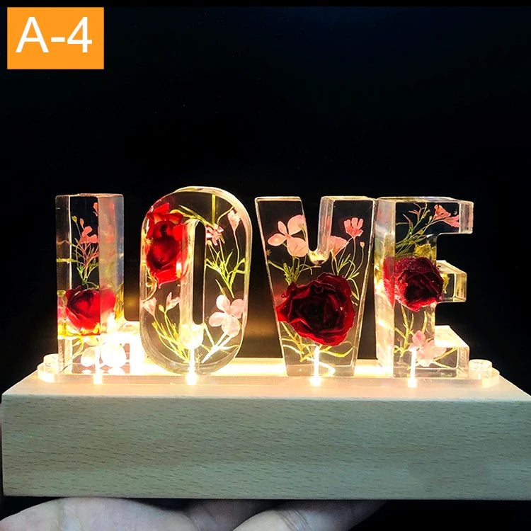 Customized A To Z Letters Dried Flower Wood Night Light Creative Romantic Table Lamp Gift for Couple Valentine Day Kid Birthday