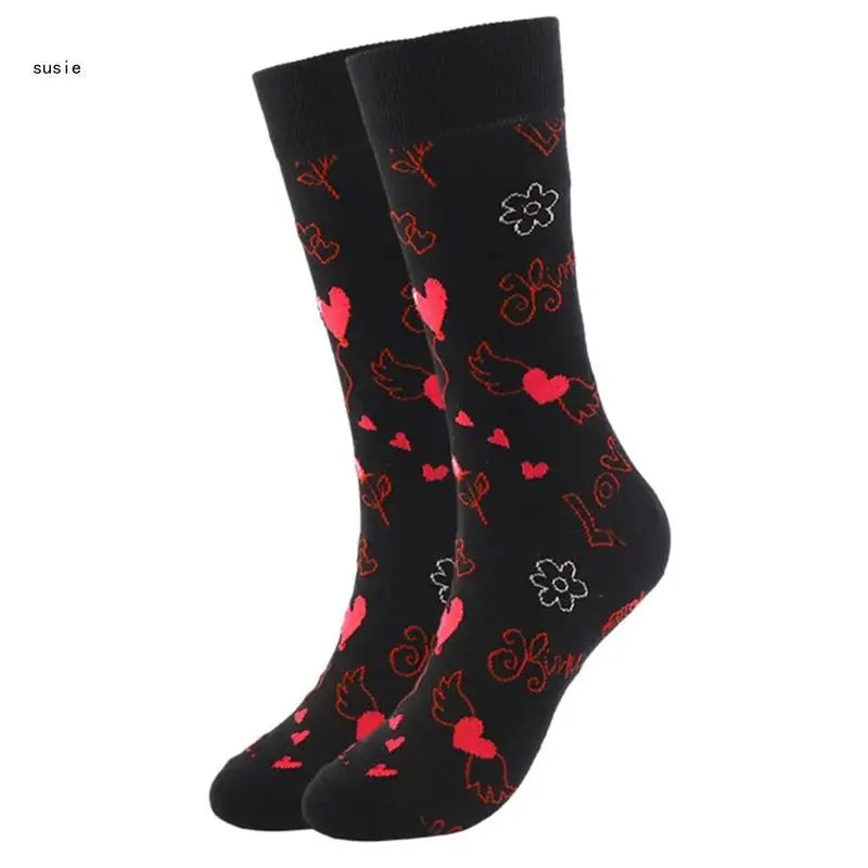 Cotton Middle Calf Socks for Him and Her Heart Lips Pattern for Valentines Day X7YA