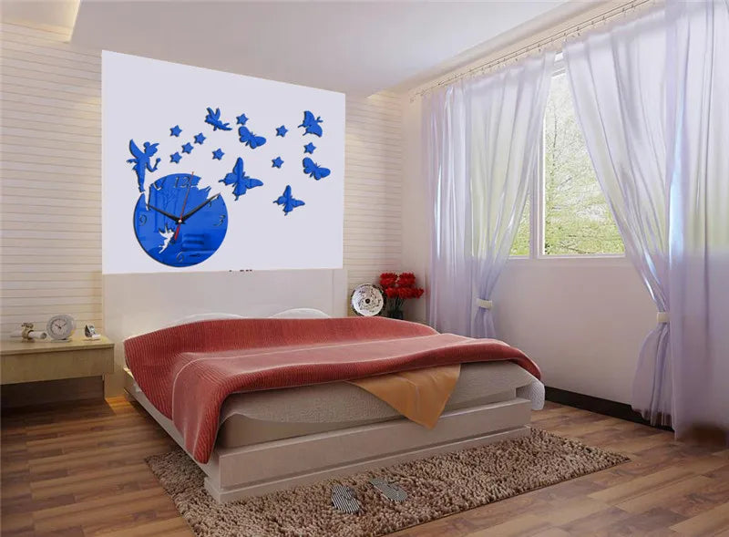 Acrylic Mirror Stickers Wall Clock Modern Design Fairy Butterfly 3D DIY Duvar Saati Clocks for Girl Gift Living Room Home Decor