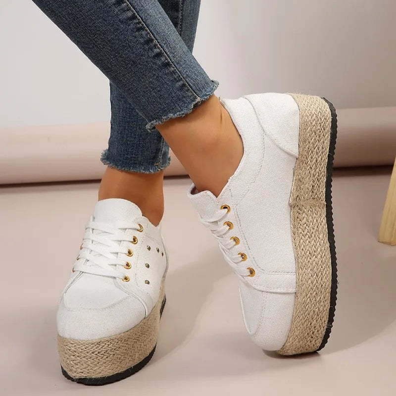Women Casual Lace Up Shoes Round Toe Large Size Casual Footwear Women's Thick Soles Vulcanized Shoes  Canvas Sneakers