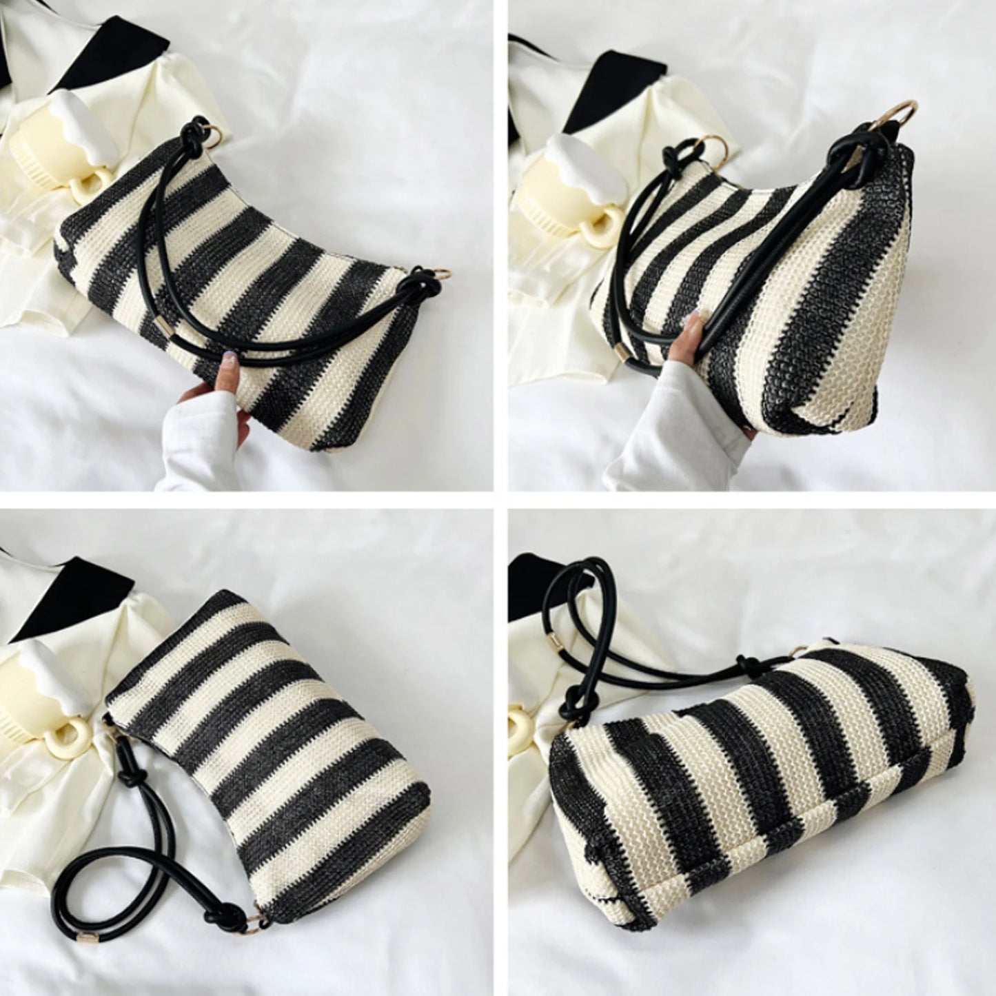 Straw Bags For Women Summer Fashion Striped Shoulder Bag Trendy Straw Purses And Handbags Ladies Beach Holiday Shopping Bags