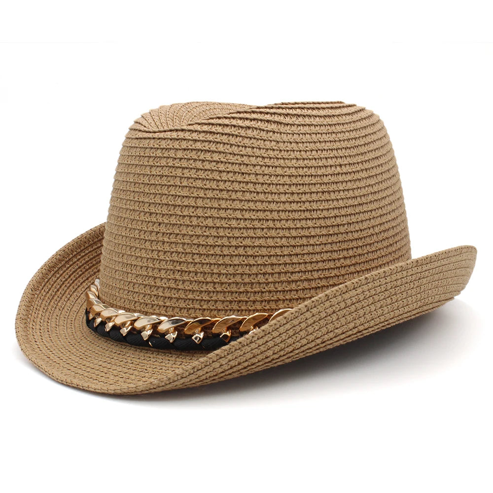 Men Women Summer Solid Straw Homburg Hats Classical Retro Fedora Caps Trilby Sunhat Party Beach Travel Outdoor Adjustable Size