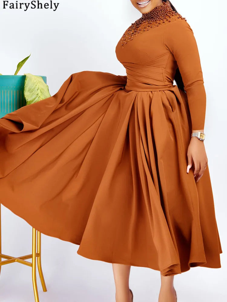 FairyShely 2025 Solid Long Sleeve Plus Size Long Dress Women Hollow Large Big Dresses Lady Cross Push Up Party Tight Curvy Dress