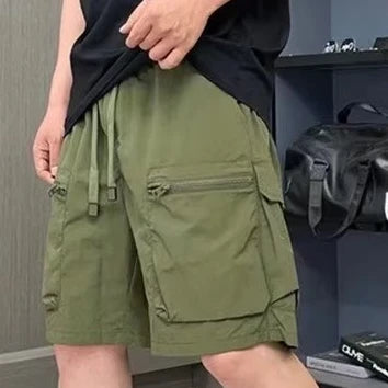 Cargo-Shorts für Herren, einfarbig, locker, trendig, amerikanischer Stil, High Street, mehrere Taschen, Reißverschluss, Alltag, Sommer, Kordelzug, schön, jugendlich 