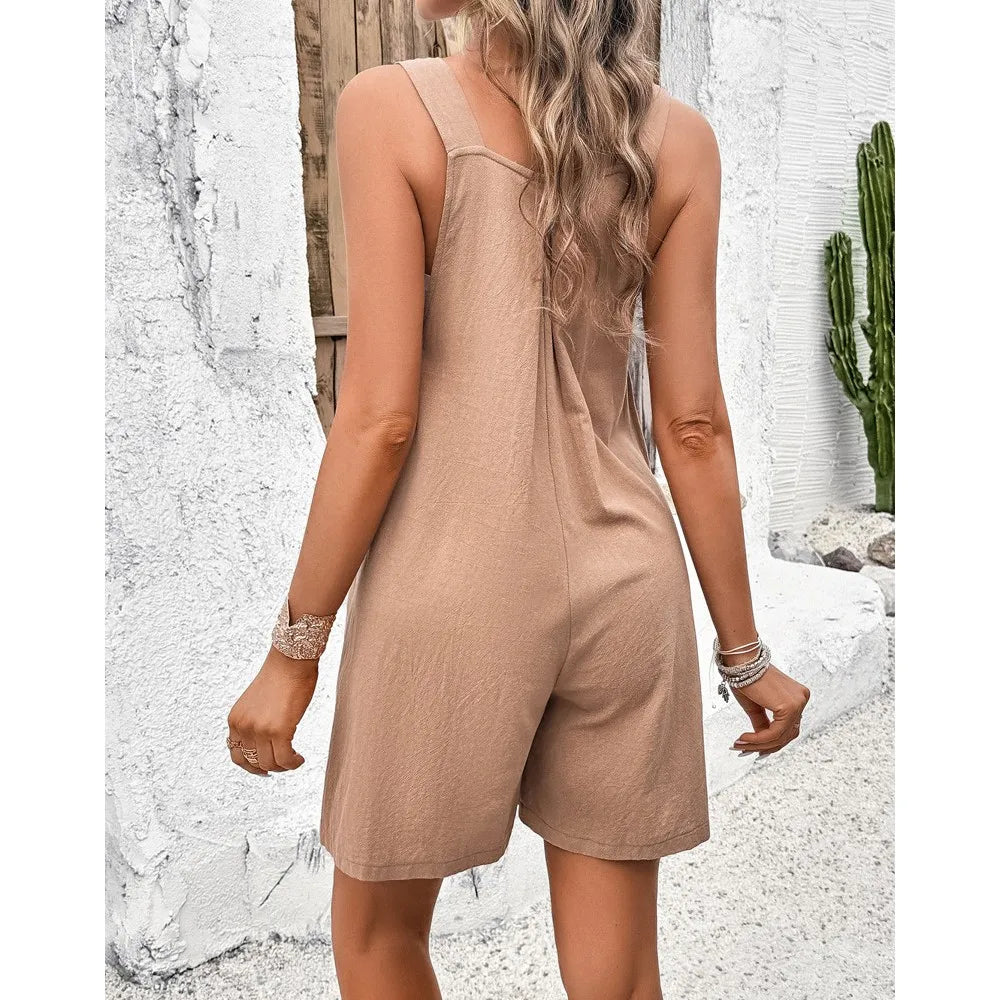 2025 Summer  Women Rompers Short Black Square Collar Pockets Loose Wide-Leg Rompers Female Elegant Casual Trendy Ladies Clothes