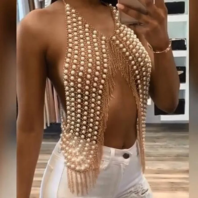Women's Jewelry Summer Pearl Necklace Ins Style Chest Shoulder Chain Multi Layered Tassel Bra Body Chain Accessories Lingerie