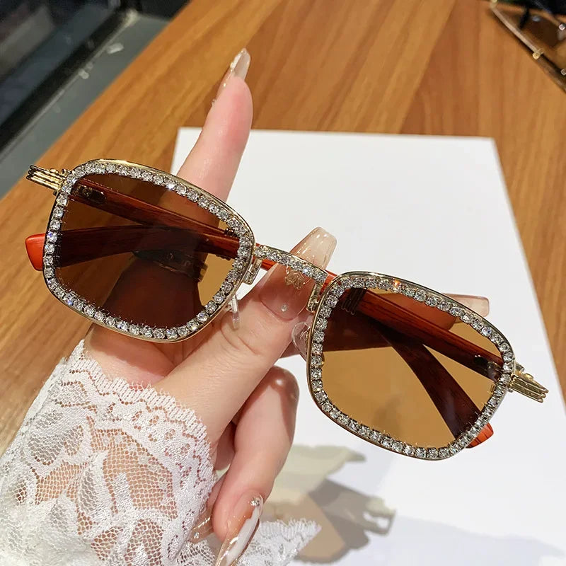 2025 Square Diamond Sunglasses for Women with A High-end Feel Imitation Wood Grain Legs Girls Sunglasses with Rhinestone